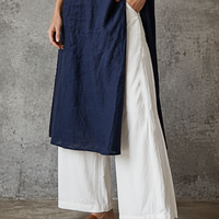 Women's Minimalist Navy Blue Linen-Cotton Half-Placket Longline Shirt And White Linen-Cotton High-Waisted Wide-Leg Pants Set MDZ0939E2GMJ