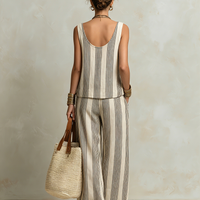 Women's Casual Black And White Striped Woven V-Neck Sleeveless Top With Trousers MDZ1701D4LXY