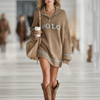 Women's Loose Letter Jacquard Zipper Lapel Mini Knit Dress MDA1869I5Y