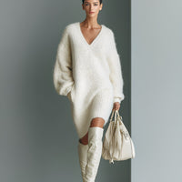 Women's White Elegant V - Neck Mini Sweater Dress MDA1331J0I