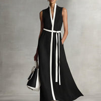 Women's Sleeveless V-Neck Tie-Waist Cotton Linen Maxi Dress MDZ1153B7BA