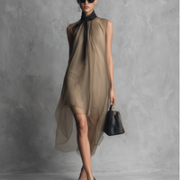 Women's Light Luxury Khaki And Brown Color-blocked Chiffon Sleeveless Dress MDZ1535A7BA