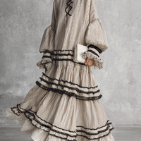 Women's Boho Striped Ruffle Tiered Cotton Blend Long Sleeve Maxi Dress MDZ1426B2BA