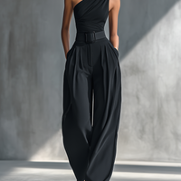 Women's Black Draped Wide-Leg Trousers MDZ2483B4T