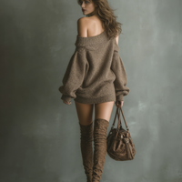 Women's Brown Off-shoulder Knit Mini Dress MDA1376K0T