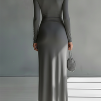 Women's Grey Silky Stretch Sophisticated Ruched Detail Cut-Out Maxi Dress MDA0546K6I