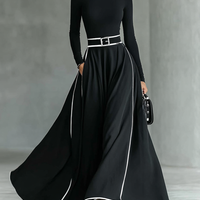 Women's Black Stitching White Trim High Collar Long Sleeve Tight Belt Maxi Dress MDA1031G0Y