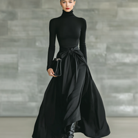 Women's Black High-Neck High-Stretch Knitted And Satin Flared Maxi Dress MDA2851J4T