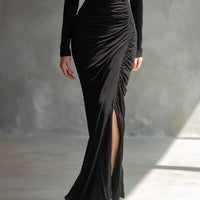 Women's Black Elegant Jersey Off - Shoulder Ruched Slit Maxi Dress MDA2125H9I