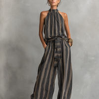 Women's Elegant Striped Printed Woven Round Neck Sleeveless Top Paired With Trousers Set MDZ2706B5AN
