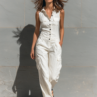 Women's Minimalist Cotton Blend Single-breasted Sleeveless Jumpsuit MDZ1304A4Y