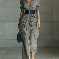 Ladies Lapel Long Sleeve Single Breasted Belt Maxi Dress MDA1758G1Y