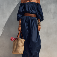 Women's Casual Dark Blue Cotton Linen Strapless Long-sleeved Dress (belt Not Included) MDZ1281C1AN