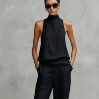 Women's Elegant Black Cotton And Linen Round-neck Sleeveless Top And Trousers Set MDZ1441A4AN