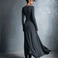 Women's Gray Exquisite Stretch Blended Fabric Wrap Dress - Knotted Maxi Dress MDA1401H9I
