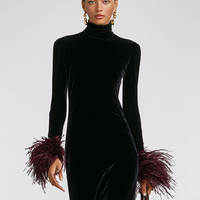 Women's Minimalist Velvet Patchwork Faux Ostrich Feather Cuffs And Hem Maxi Dress MDA1174J9Y