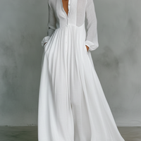 Women's Minimalist Cotton And Linen Patchwork Single-breasted Stand-up Collar Long-sleeved Maxi Dress MDA0658K6Y
