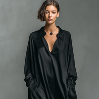 Women's Fashionable Casual Black Glossy Satin Long-sleeved Loose-fitting Maxi Dress With Pockets MDA2476K9AN