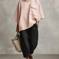 Women's Dusty Pink Woven Poncho Top with Cowl Neck & Patch Pocket, Modern Effortless-Chic Pullover MDA2221I1I