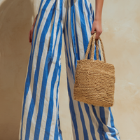 Women's Resort Style Blue And White Striped Strapless Wide-Leg Pants Suit MDZ0963B1BA