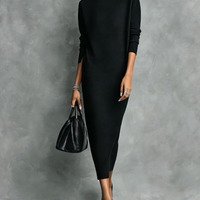 Women's Elegant Black Knitted Turtleneck Long-sleeved Loose-fitting Midi Dress With No Pockets MDA1974L7AN