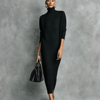 Women's Elegant Black Knitted Turtleneck Long-sleeved Loose-fitting Midi Dress With No Pockets MDA1974L7AN
