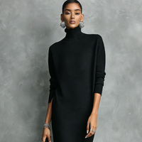Women's Elegant Black Knitted Turtleneck Long-sleeved Loose-fitting Midi Dress With No Pockets MDA1974L7AN