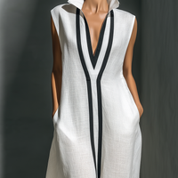 Women's White Linen Fabric Sleeveless Maxi Dress With Black Contrast Trim MDZ1973A8T
