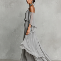 Women's Grey Breathable Chiffon Set With Cold-Shoulder Detail & Flared Silhouette, Contemporary Luxury-Feminine Style Set MDZ2651B6I