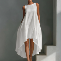 Women's White Linen Fabric Sleeveless Midi Dress With Round Neck & Asymmetric Hem MDZ0987B9T
