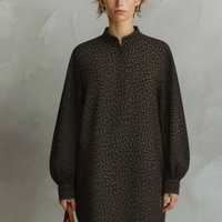Women's Fashionable Brown Leopard Print Loose Open Neckline Long Sleeve Dress MDA1895L2AN