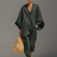 Women's Neutral Linen Set With Asymmetric Hem & Minimalist Design, Sophisticated Daily-Casual Style Set MDZ0501B3I