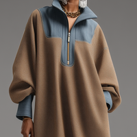 Women's Brown Double-Sided Brushing and Blue Denim Stand Collar Loose-Fitting Long Dress MDA0366K1T