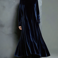 Women's Elegant Navy Blue Velvet High-neck Long-sleeved Loose-fitting Maxi Dress MDZ1680A8AN