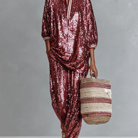 Women's Burgundy Glamorous Sequin Striped - Trimmed Oversized Loungewear Set MDA3059I3I