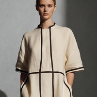Women's Modern Linen Blend Beige Stand-Collar Half-Sleeve Contrast-Line Pocketed Maxi Dress MDA2924L4AU