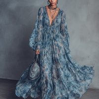 Women's Bohemian Style Blue Floral Print V-Neck Lantern Sleeve Chiffon Maxi Dress MDZ1067B8BA