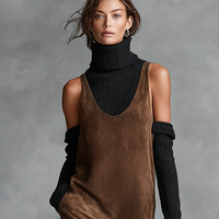 Women's Retro Simple Suede U-Neck Sleeveless Tank Midi Dress MDA0259I1Y