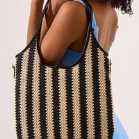 Women's Contrast Striped Vintage Straw Shoulder Bag MDA0831H2Y