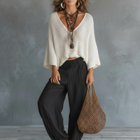 Women's Minimalist Lightweight Cape-sleeved Sweater And Harem Pants Set MDZ2685A8Y