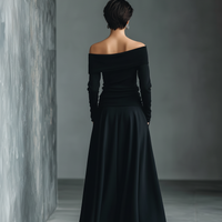 Women’s Black Knit Off-the-Shoulder Long Sleeve Ruched Waist Fitted Top MDA0400L1T