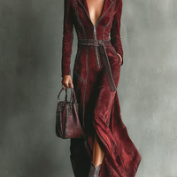 Women's Burgundy Retro Faux Suede Color-Contrast Maxi Dress MDA1321J3T