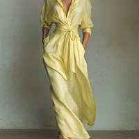 Women's Lemon Yellow Cotton And Linen Blend Maxi Shirt Dress With Tie Waist & Half Sleeves MDZ2884A4T