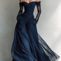Women's Elegant Dark Blue Chiffon Organza Off-shoulder Long-sleeved Fitted Maxi Dress MDA1711L9AN