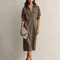 Women's Elegant Black Cotton-linen Blend Shirt Collar Short-sleeved Midi Dress MDZ0455C2AN