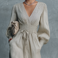 Women's Beige Cotton Linen Striped V-Neck Shirred Waist Maxi Dress MDZ0361C4BA