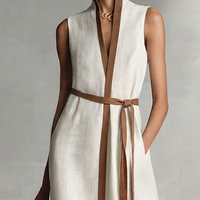 Women's Sleeveless V-Neck Tie-Waist Cotton Linen Maxi Dress MDZ1153B7BA