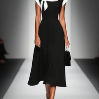 Women's Colorblock Square Neck Cap Shoulder Sleeve Waist Midi Dress MDA2447F4Y