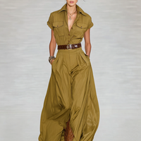 Women's Cotton Blend Lapel Single-breasted Short-sleeved Shirt Maxi Dress MDA1876G9Y