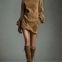 Women's Vintage Loose Suede Turtleneck Mini Dress MDA1693H3Y